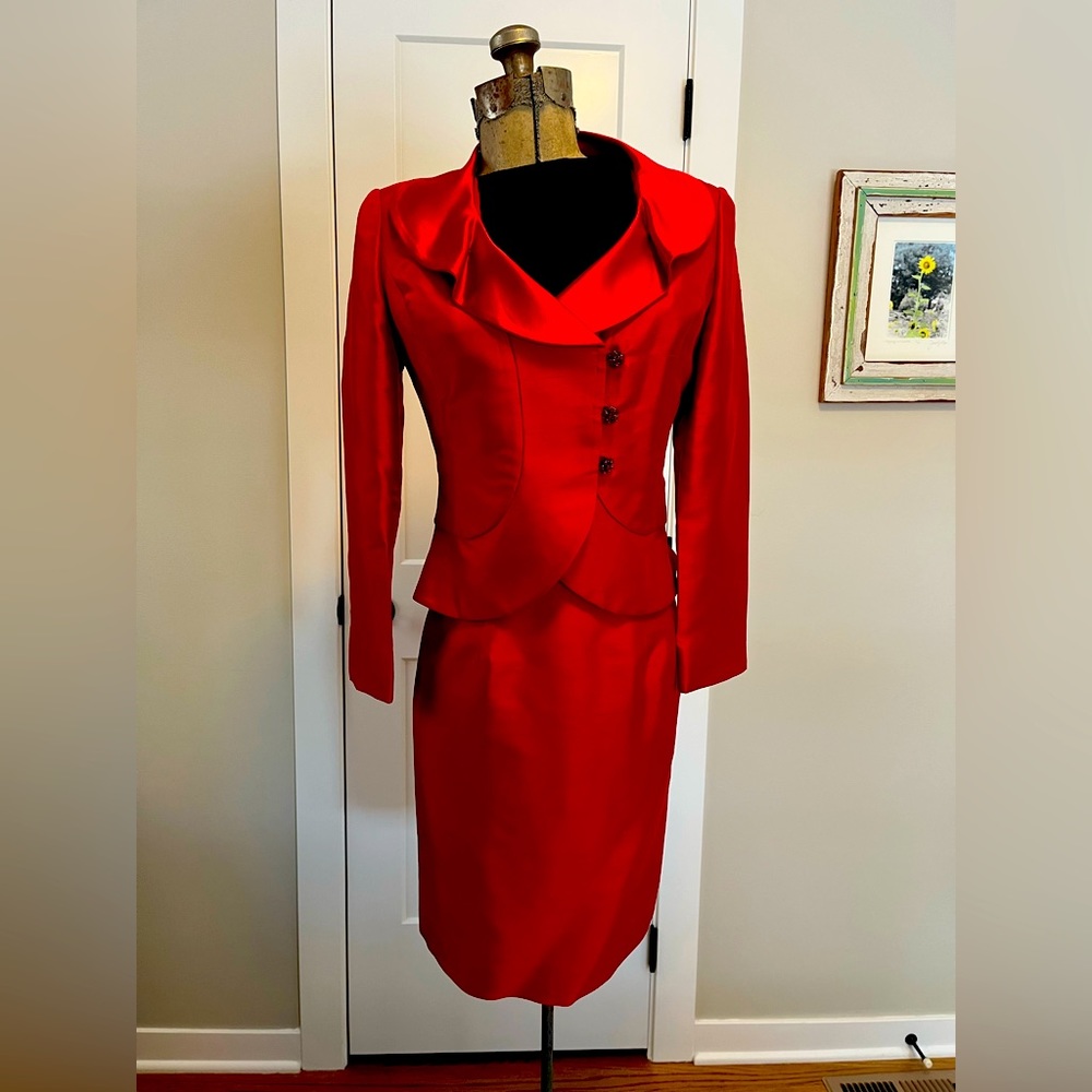Red silk two piece suit with rhinestone buttons, Kay Unger New York, size 0